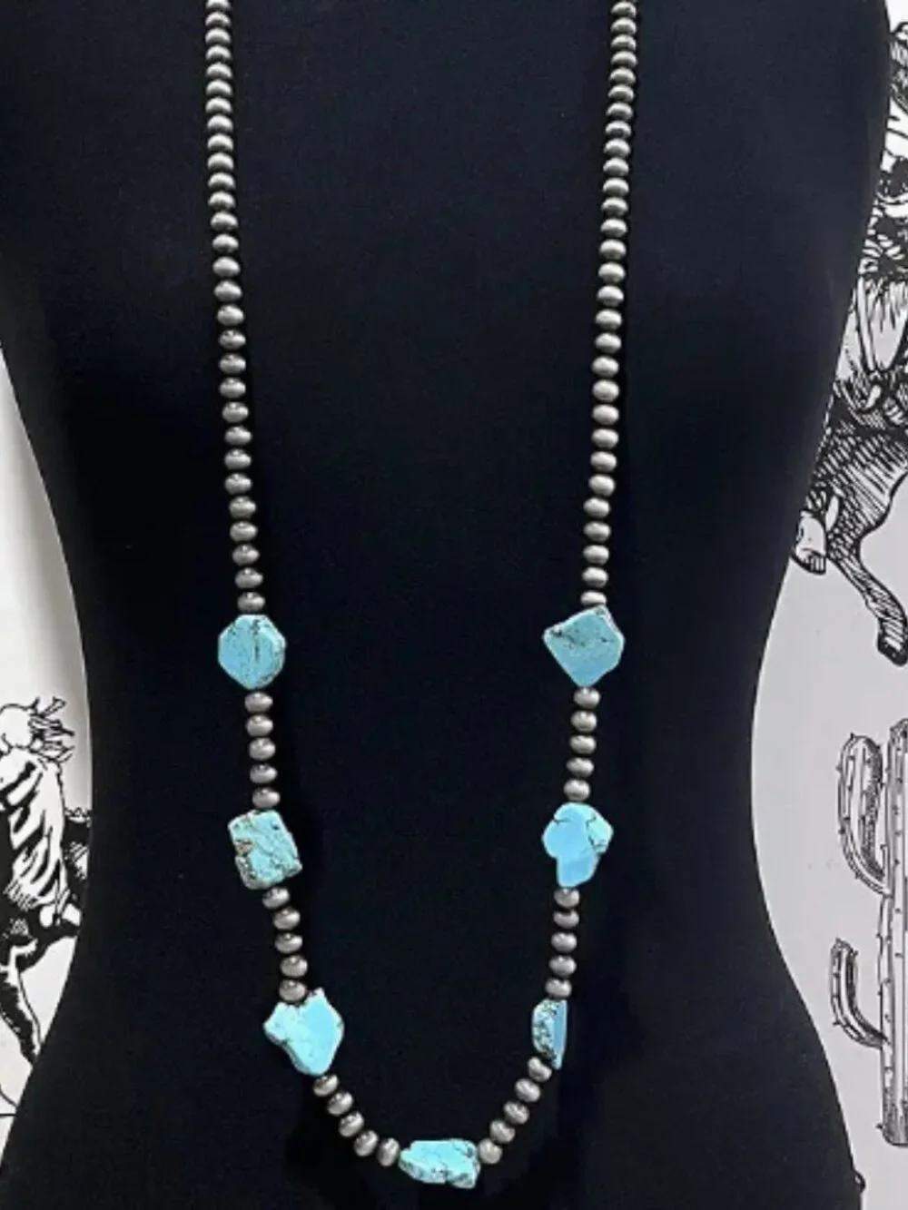 Western Long Faux Turquoise Nugget & Sterling Pearl Statement Necklace — 46 Inch